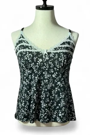Laura Ashley Fairy Black Floral Cami‎ Top White Lace Trim Cottagecore Summer thumbnail 1