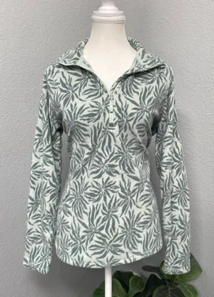 Eddie Bauer Sage Green Blue Leaf Print Soft Fleece Quarter Zip Pullover Outdoor thumbnail 1