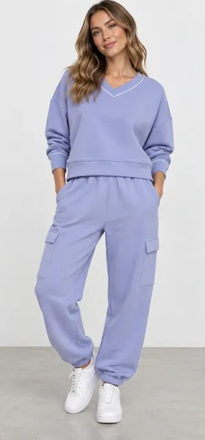 Express Womens Lavender V-Neck Sweatshirt and Cargo Jogger Set Small thumbnail 1
