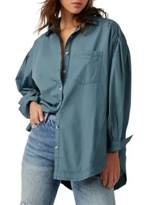 Free People We The‎ Free Happy Hour Shirt Button Down Size XS Blue Oversized thumbnail 1