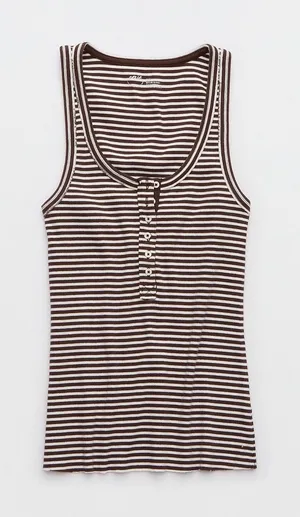 Aerie Henley Tank Top Womens XL Brown White Striped Ribbed Button Sleeveless thumbnail 1
