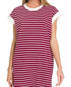 Zenana Contrast Trim Striped T-shirts‎ Dress thumbnail 1