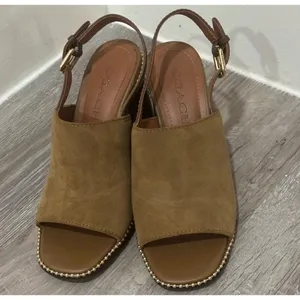 Coach Suede Block Heel Sandals Tan Brown Slingback Beaded Trim Womens Size 5.5 thumbnail 2
