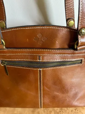Patricia Nash Cognac Leather Tote Shoulder Bag Contrast Stitching Large Zip Top thumbnail 3