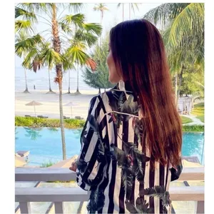 Revolve Plush Tropical Black White Striped Shirt and Short Sleep Set Leaf Print thumbnail 4