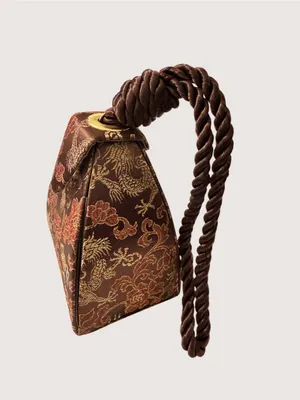 VTG Asian Brocade Dragon Knot Handle Handbag Brown Satin Mini Evening Bag Clutch thumbnail 2