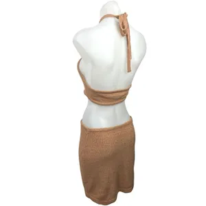 Isalis Women's Beige Halter Neck Sleeveless Knitted Mini Bodycon Dress Size S thumbnail 3