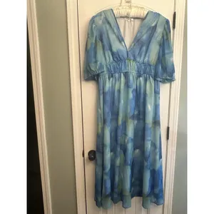Sissyyaki Women’s XL Blue Green Watercolor Floral V Neck Empire Waist Maxi Dress thumbnail 13
