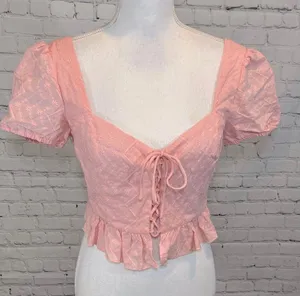 Forever 21 Lace Front Cropped Top with Puff Sleeves thumbnail 1