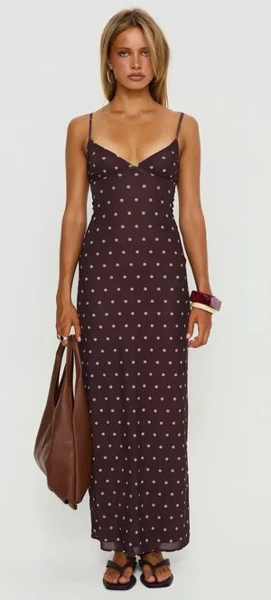 Princess Polly glass half full mesh brown and pink polka dot maxi dress thumbnail 1