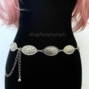Silver Y2K Western Floral Oval Concho Chain Belt, Fits 25-44 Inches, X7GA1363 thumbnail 3