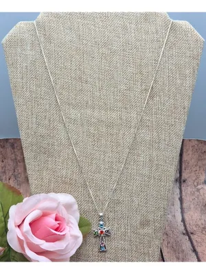 925 Sterling Silver Box Chain Pendant Necklace Dainty 30" Colorful Crystal Cross thumbnail 3