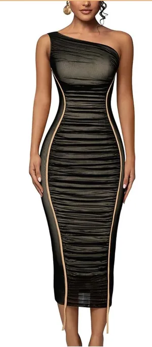 One Shoulder Black Rushed Bodycon Midi Dress thumbnail 1