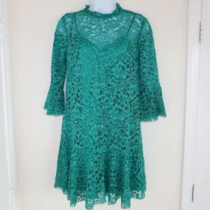 ZARA Lace Dress Sz XS Flower Patterns Green with matching slip thumbnail 2