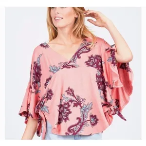 Free People Maui Wowie Pink Paisley Boho Top XS Oversized Flowing Side Ties thumbnail 3