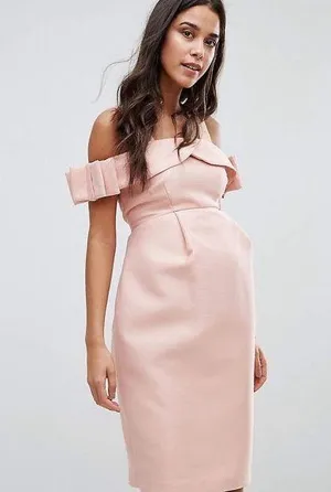 Maternity Blush Pink Off Shoulder Bardot Dress w/ Bow Detail on the Sleeve thumbnail 1