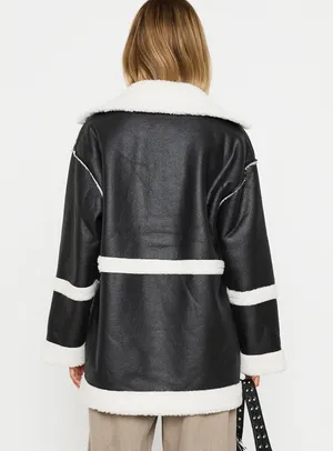 Princess Polly Lexie Faux Leather Jacket Black Sherpa Trim Oversized M/L thumbnail 2
