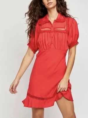 Free People Women's Cherry Crush Warm Glow Mini Dress w/ Ruffle Lace Trim Medium thumbnail 1