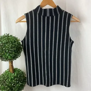 Anthropologie Moth Gray & White Striped Mock Turtleneck Sleeveless Knit Top S thumbnail 2