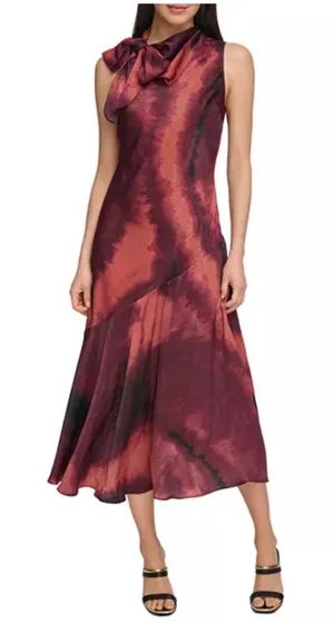 DKNY Sleeveless Tie-Neck Midi Dress in Burgundy and Coral Wash thumbnail 1