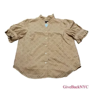 Ann Taylor Eyelet Ruffle Button Down Blouse Beige Size LP thumbnail 3