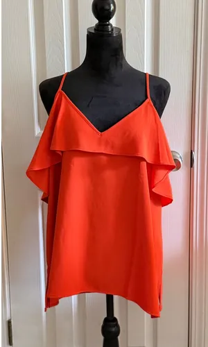 Ann Taylor Womens Orange Cold Shoulder Ruffle V-Neck Blouse Top Large 427378 thumbnail 1