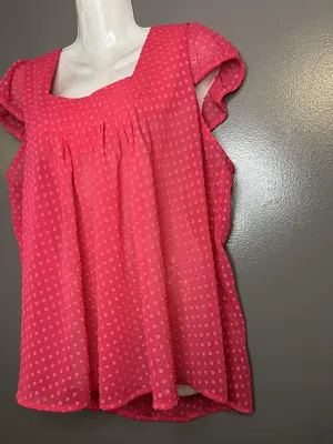 Worthington Shirt Womens XL Pink Flutter Sleeve Swiss Dot Square Neck Blouse thumbnail 3