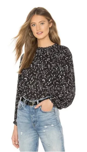 Joie Floral Blouse Women XS Black White Viscose Long Sleeve Keyhole Relaxed Top thumbnail 1