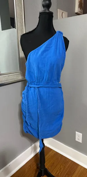 Free People One Strap Blue Mini Dress Tie Waist size Small. thumbnail 1