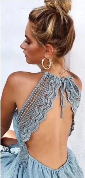 Boho Prairie Dusty Blue Crochet Backless Western Party Mini Ruffle Hem Dress M thumbnail 2