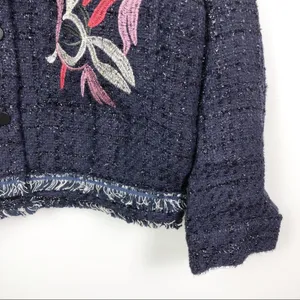 Foxiedox Floral Embroidered Fringe Tweed Jacket Dark Blue Women's Size Medium thumbnail 6