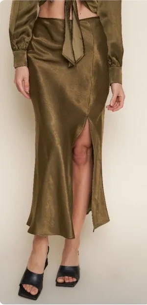 Whimsy + Row Womens Earthy Silky Hunter Green Satin Slit Midi Charlie Skirt L thumbnail 1