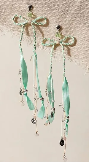 Free People Candy Baby Bow Dangle Earrings Sea Foam Ivory Braid Coquette Mermaid thumbnail 1