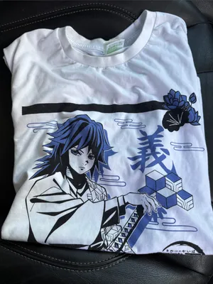 White Graphic Men’s Shirt with Blue & Black Anime Giyou Tomioka Demon Slayer thumbnail 3