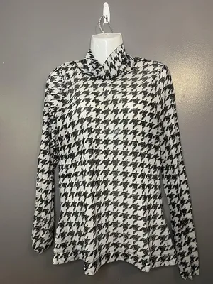 White House Black Market Shirt Womens Large Black White Houndstooth Cowl Neck thumbnail 1
