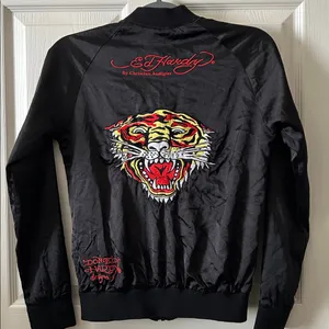 Ed Hardy Womens Bomber Jacket Black Zip Roar Embroidered Butterfly‎ Eyes Vintage thumbnail 3