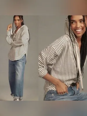 Anthropologie Pilcro Wharfside Hooded Sweatshirt vertical Stripes Beach medium thumbnail 2