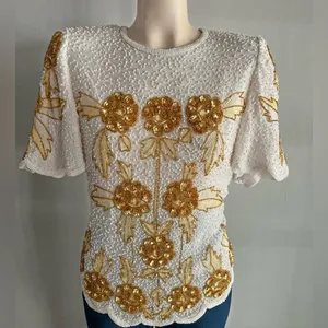 Vintage Silk Beaded Sequin Floral Top White Gold 80s Glam Party Blouse thumbnail 2