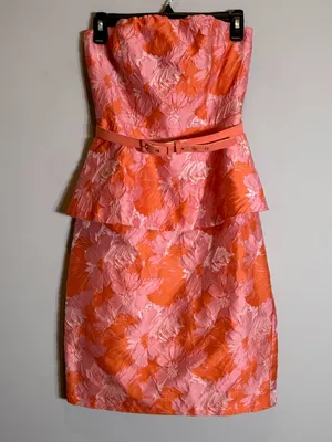 Eva Franco Strapless Peplum Floral Jacquard Dress Women's 2 Pink Orange Cocktail thumbnail 5