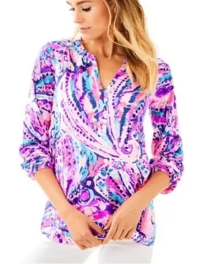 Lilly Pulitzer Meg Colony Coral Shell Out Pink Purple Top Cotton Small Shirt HTF thumbnail 1