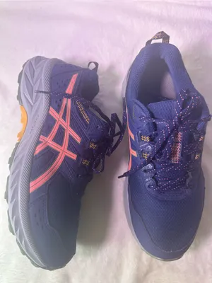 Asics Navy Running Shoe with Coral Stripes and Yellow-Green Outsole thumbnail 5