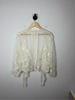 Boho Sheer Floral Embroidered Lace Kimono Crochet Scallop Festival L thumbnail 9