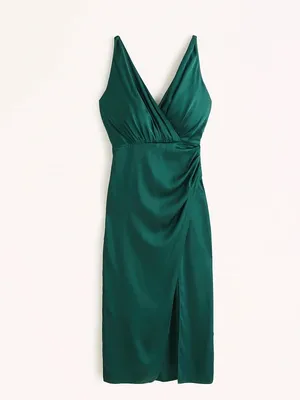 NWT Abercrombie & Fitch Satin Draped Wrap Midi Dress Emerald Green Small Petite thumbnail 2
