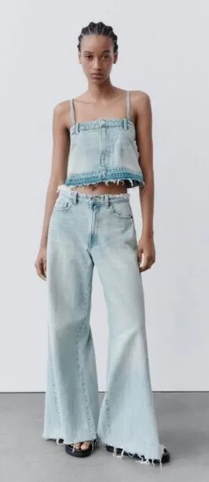 ZARA Blue Wash Denim Jean Cropped Pants Tube Tank Top Spaghetti Strap Distressed thumbnail 1