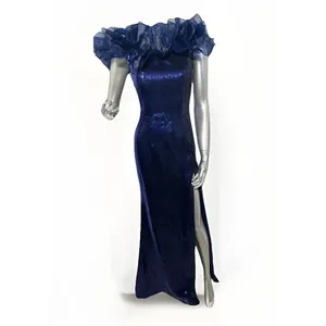 Sherri Hill 55328 Navy Blue Sequin Off-The-Shoulder Ruffle Gown – Size 00 thumbnail 2