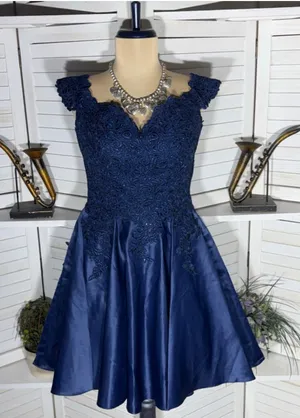 Vintage Y2K Dancing Queen USA mini prom dress 80s style blue floral beaded sz M thumbnail 1