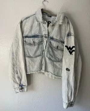 Hype & Vice West Virginia WVU Cropped Denim Jean Jacket XL NWT Damaged New Game thumbnail 1