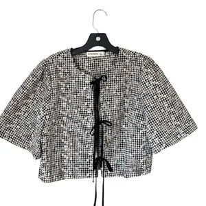 In The Beginning Womens Bria Tie Front Gingham Embroidered Blouse Black Size Lar thumbnail 2