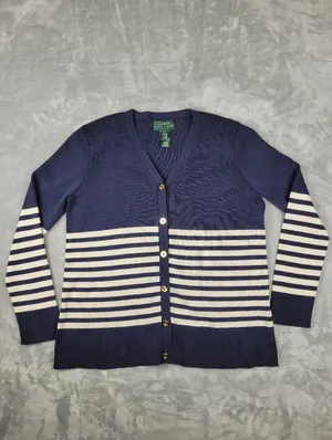 Lauren Ralph Lauren Navy Striped Silk Blend Cardigan Gold Button Petite S thumbnail 2