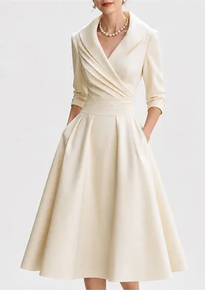 Ivory Long Sleeve Midi Dress Surplice Fit & Flare Bridal Wedding Small thumbnail 1